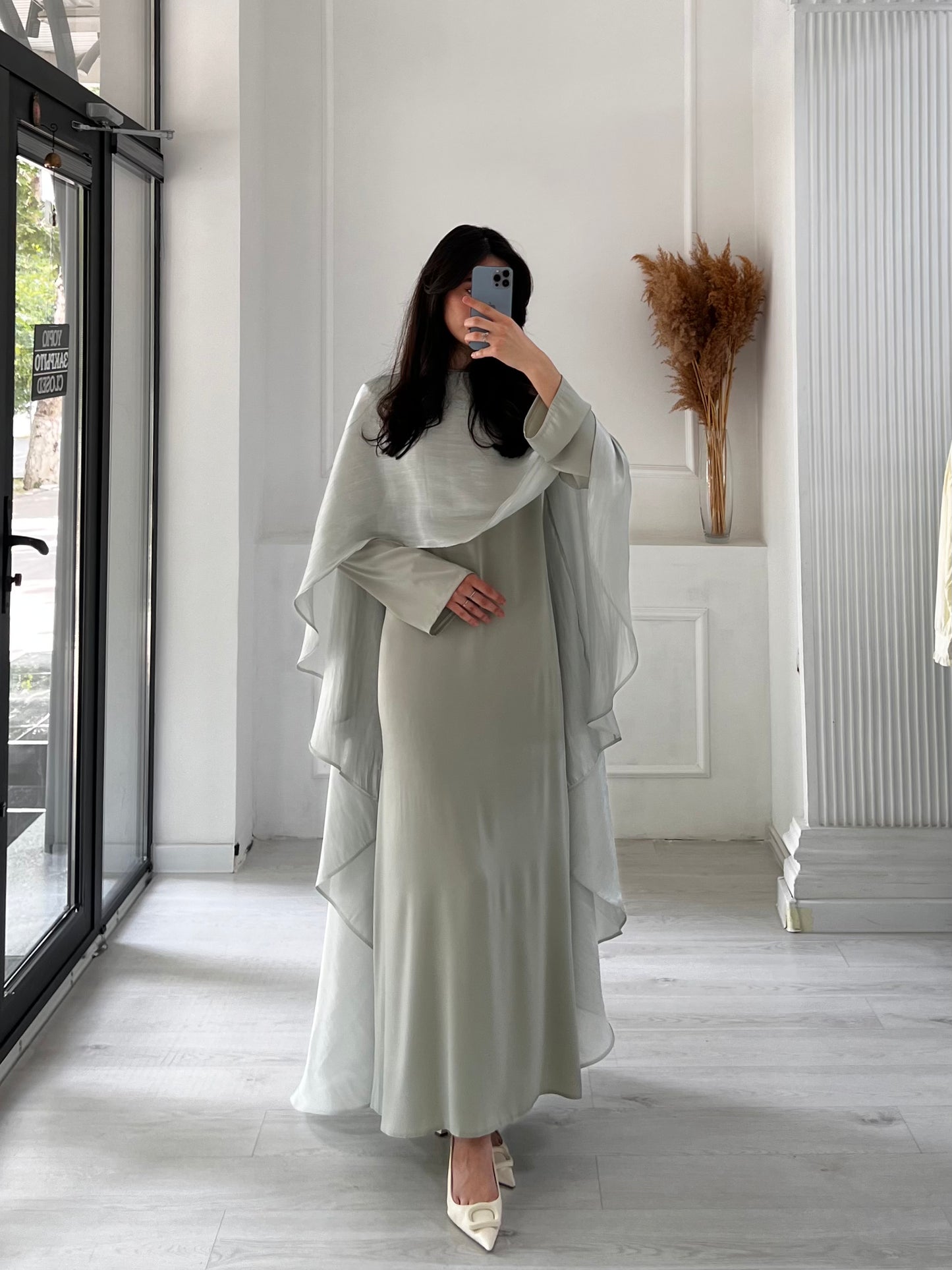 Ariel Maxi Cape Sage Dress